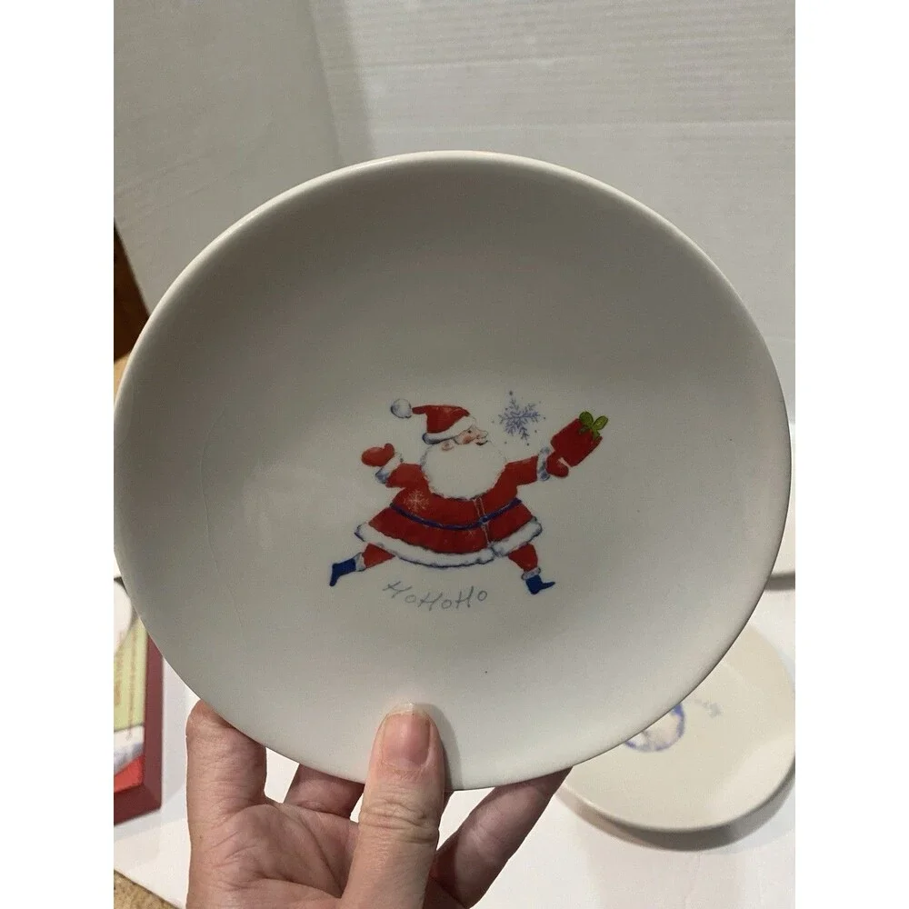 Pier 1 Imports Holiday Appetizer Plates Set Four EUC Christmas Santa Snowman